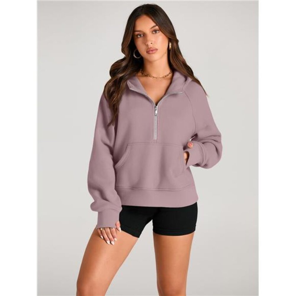 Quarter Zip Up Fleece Jackets for Women, Dark Pink - Picture 2 of 6